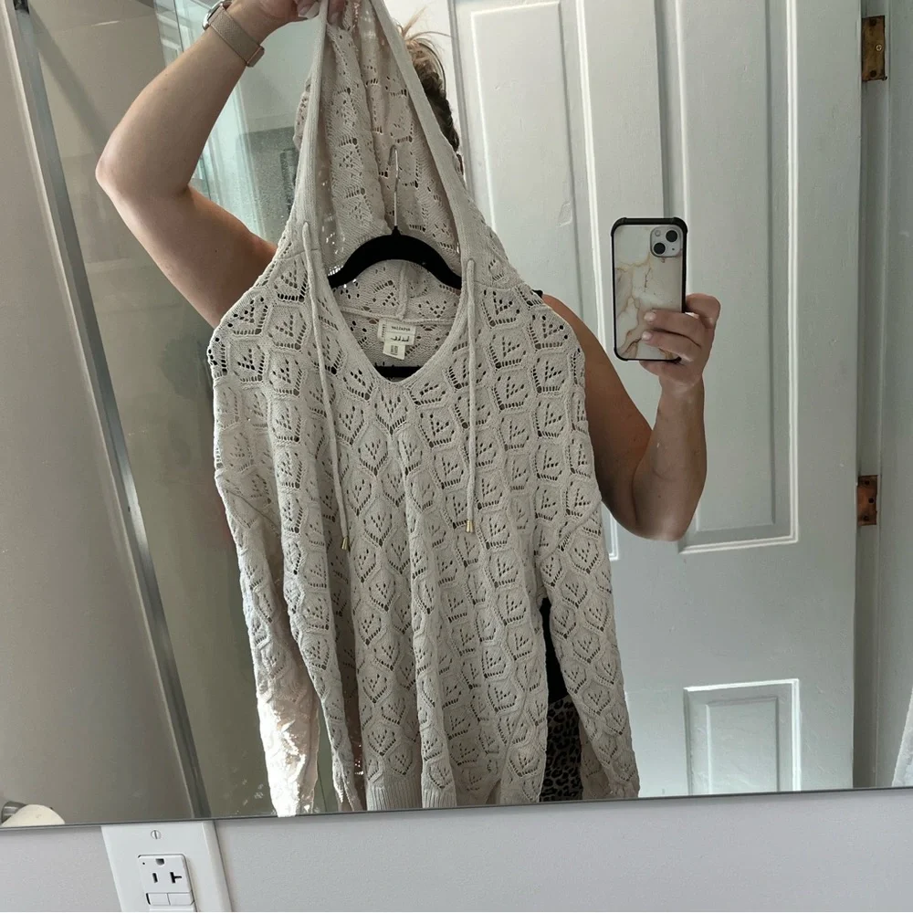 New no tag Artelier Nicole Miller Ivory beige Crochet Hooded Knit Sweater  1x - Picture 7 of 13